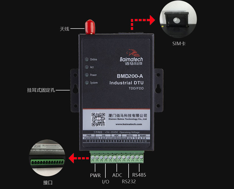 BMD200 DTU接口丰富，方便联接各种智能设备