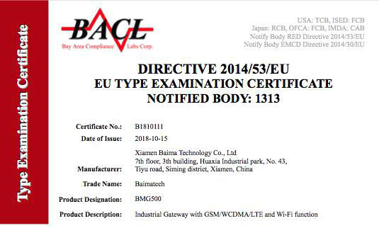 BMG500物联网网关，系佰马科技在国内领先推出的符合MQTT协议标准的工业物联网网关。近日，此系列工业级无线网关经过欧盟严格的安规、LVD、EMC、RED等测试，获得CE认证。